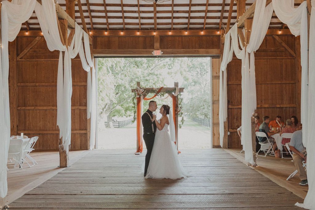 Couple dancing in the secluded barn space at our private Columbus Ohio wedding venue