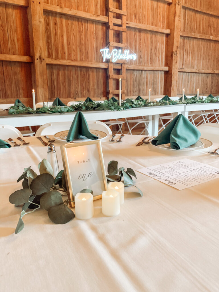 table decor in a barn wedding venue