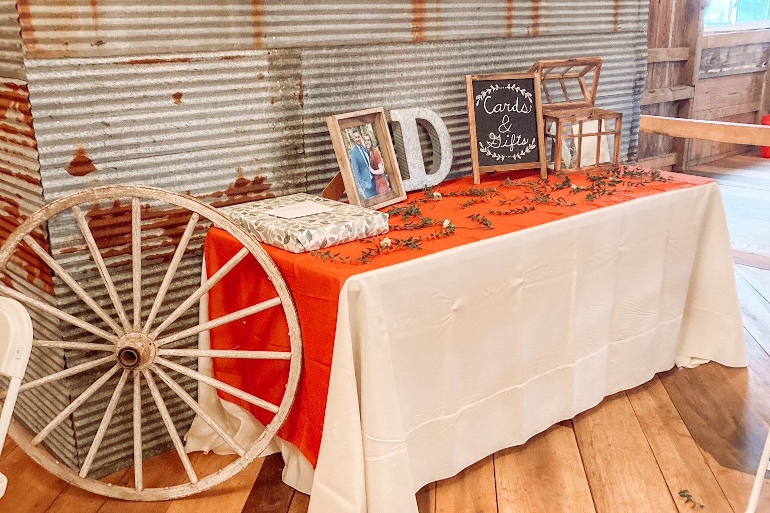 Wedding gift table in rustic Ohio barn venue