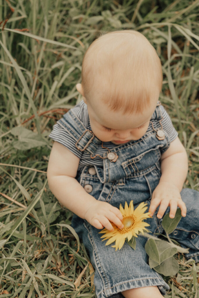 A baby holding a sunflower