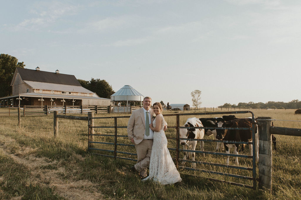 A bride and groom and baby cows outside the 22 Acres Farm barn and wedding venue near Columbus, Ohio.