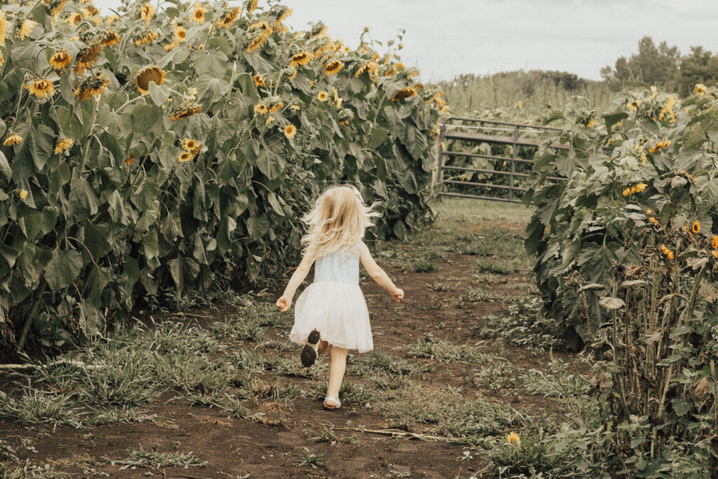 A child running in a field of sunflowers