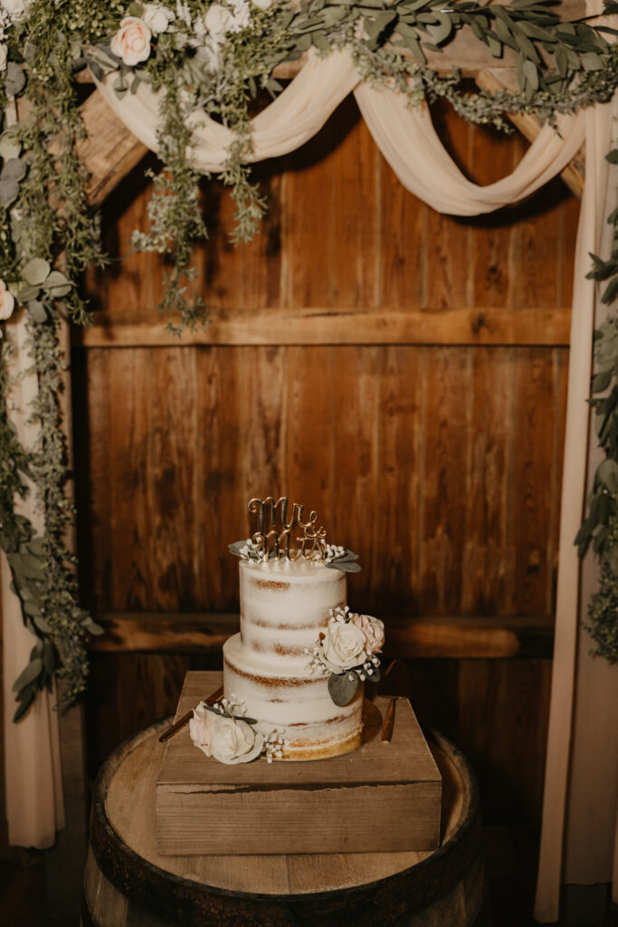 a wedding cake in a barn wedding venue near Columbus Ohio