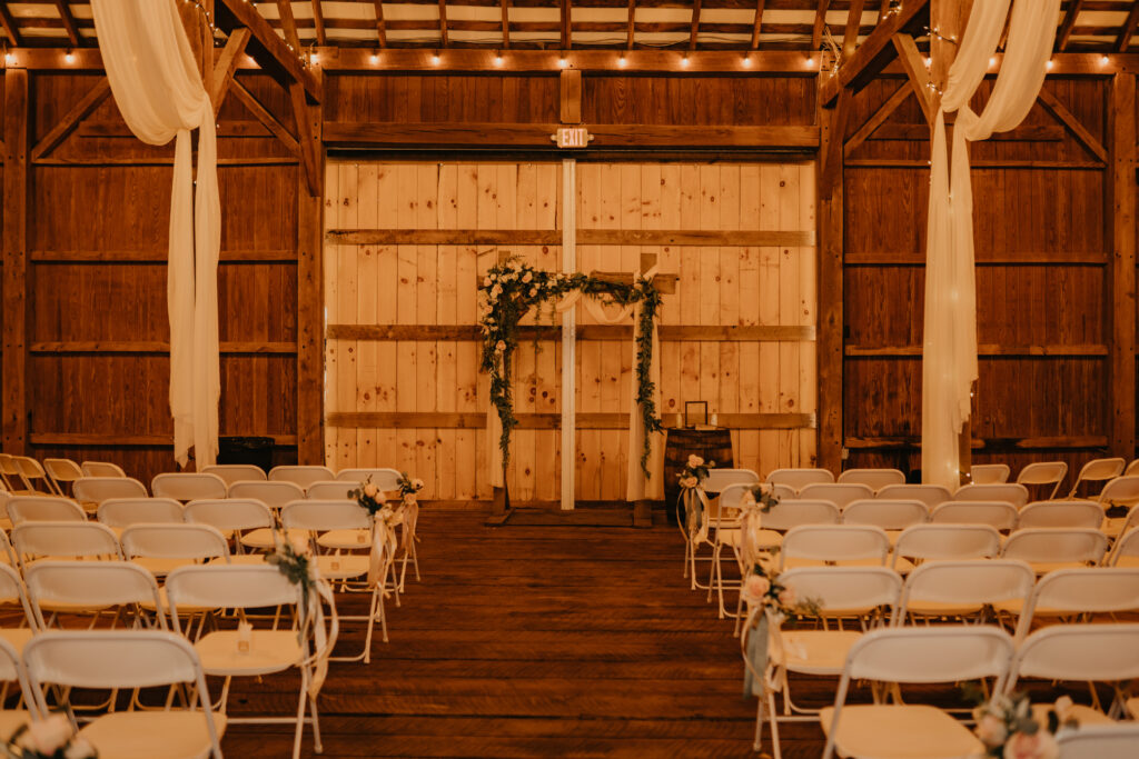 ceremony setup inside a barn wedding venue outside Columbus Ohio