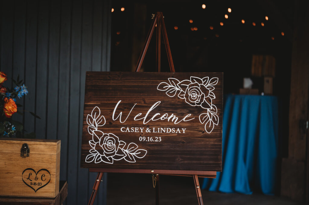 a welcome sign at a barn wedding venue outside Columbus Ohio