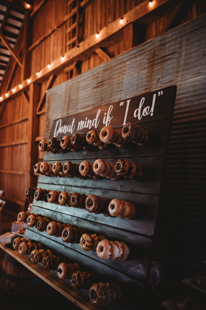 donut display at a barn wedding outside Columbus, Ohio