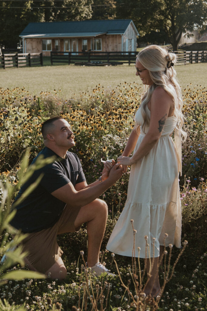 A surprise proposal moment captured in a dreamy wildflower setting at 22 Acres Farm.