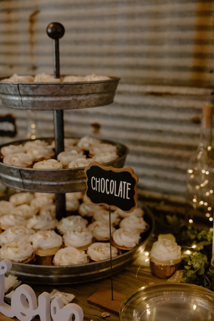 Wedding desserts inside the Barn at 22 Acres Farm, a Columbus, Ohio wedding venue.