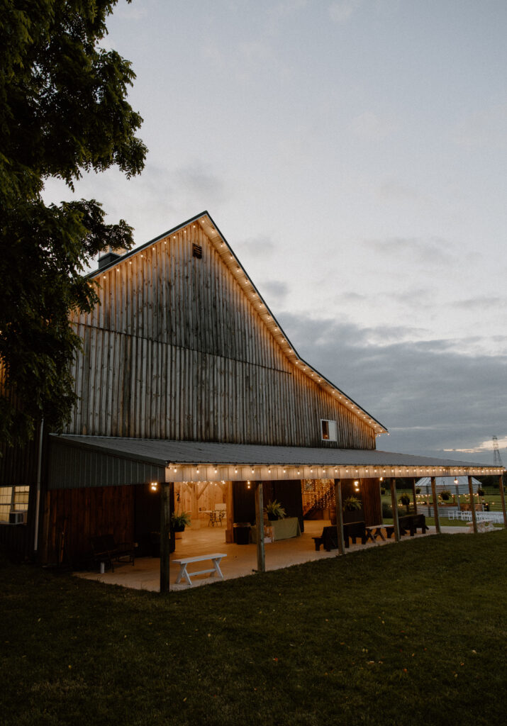 Columbus, Ohio wedding venue, 22 Acres Farm at dusk.