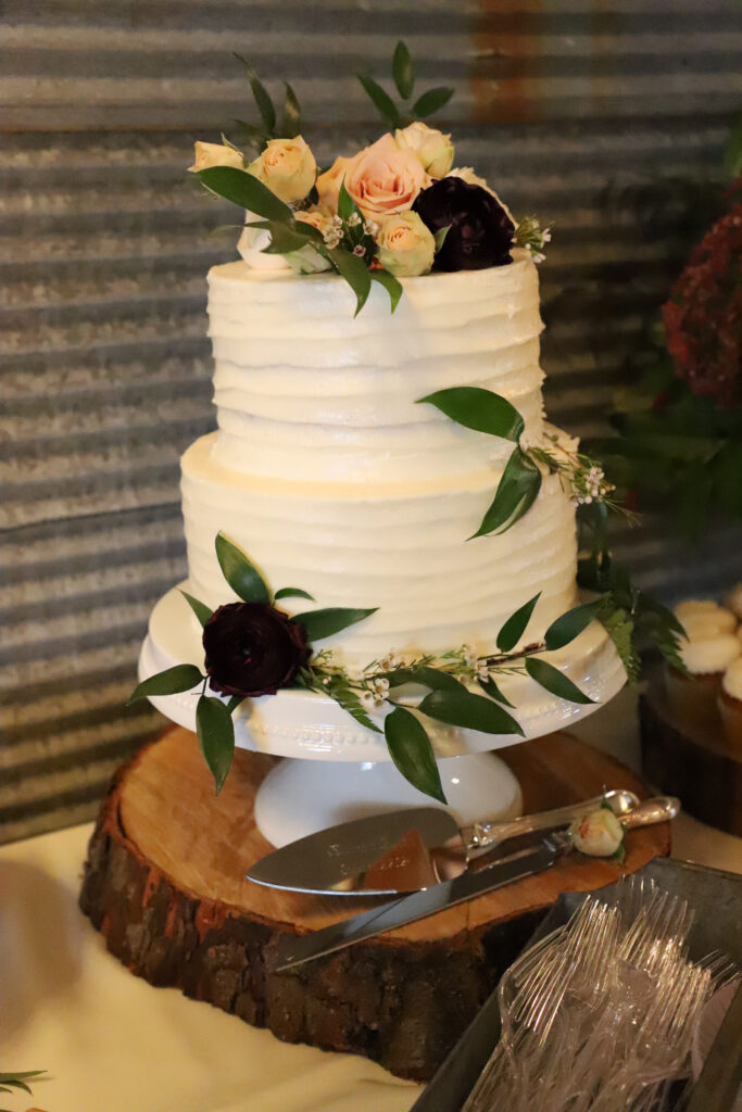 Elegant wedding cake at 22 Acres Farm wedding venue